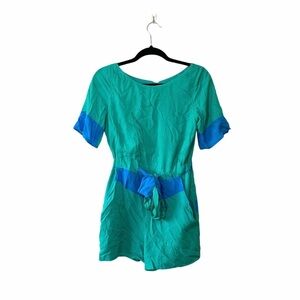Cory Teal & Blue Tie Waist Open Button Back Short Sleeve Romper Sz XS